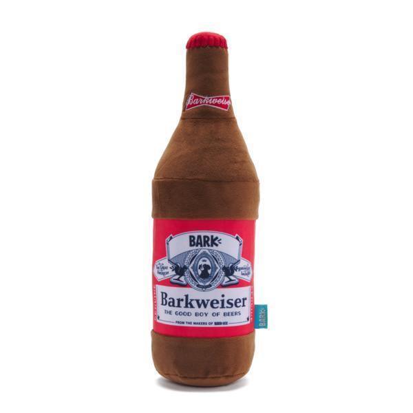 Budweiser bottle plush pet toy with Budweiser label that says Barkweiser
