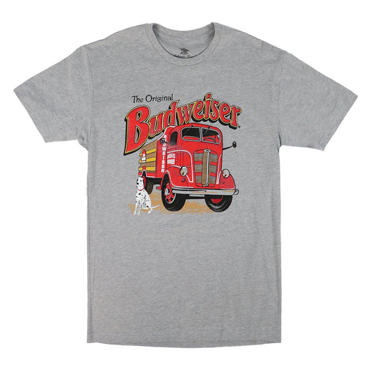 Front view of grey Budweiser 90's fire truck t shirt