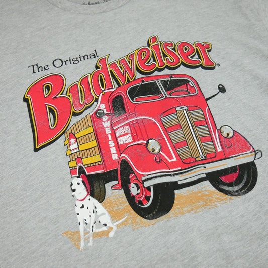 Close up view of grey Budweiser 90's fire truck t shirt