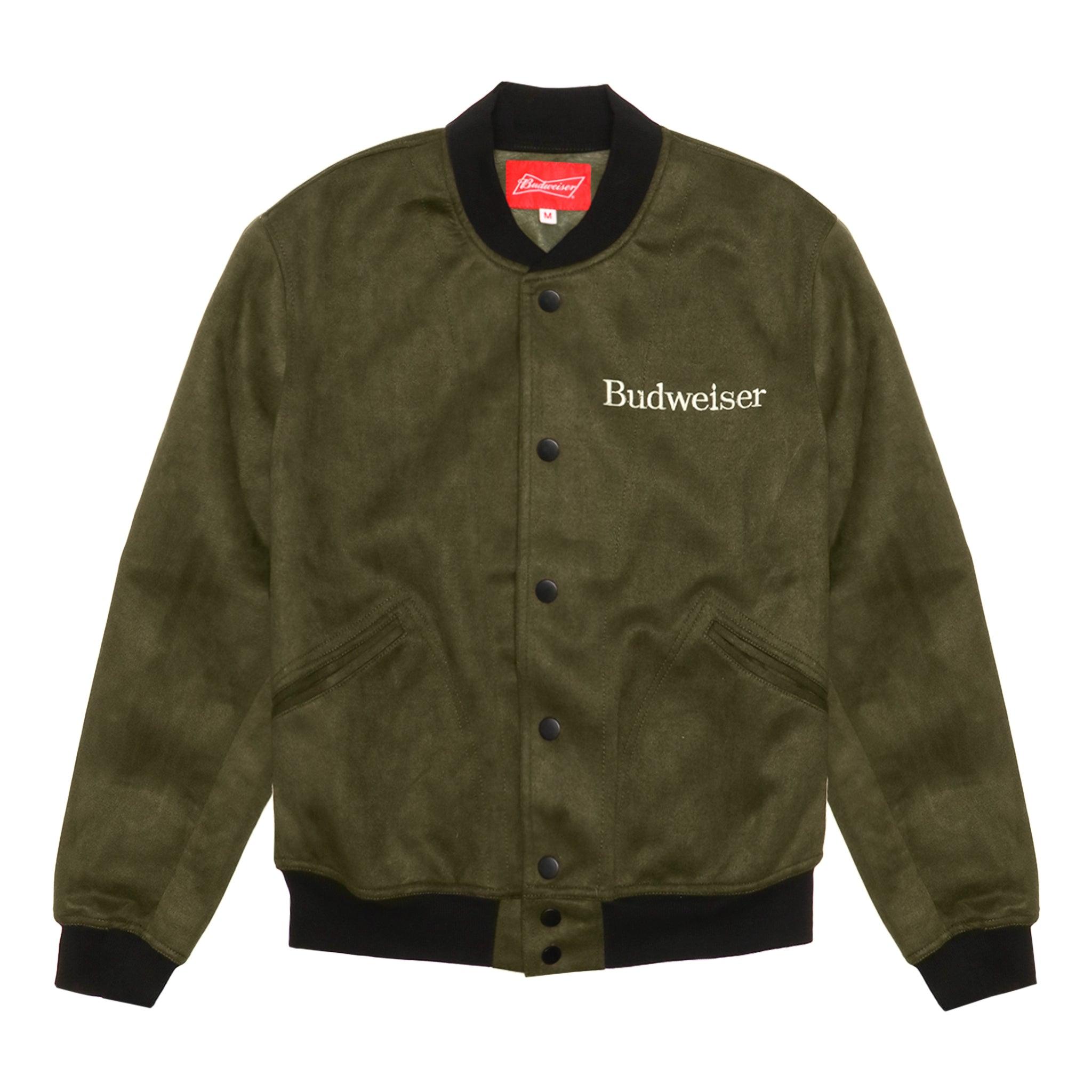 Front of suede green jacket with budweiser logo on right chest