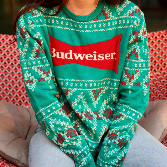 green budweiser bowtie sweater