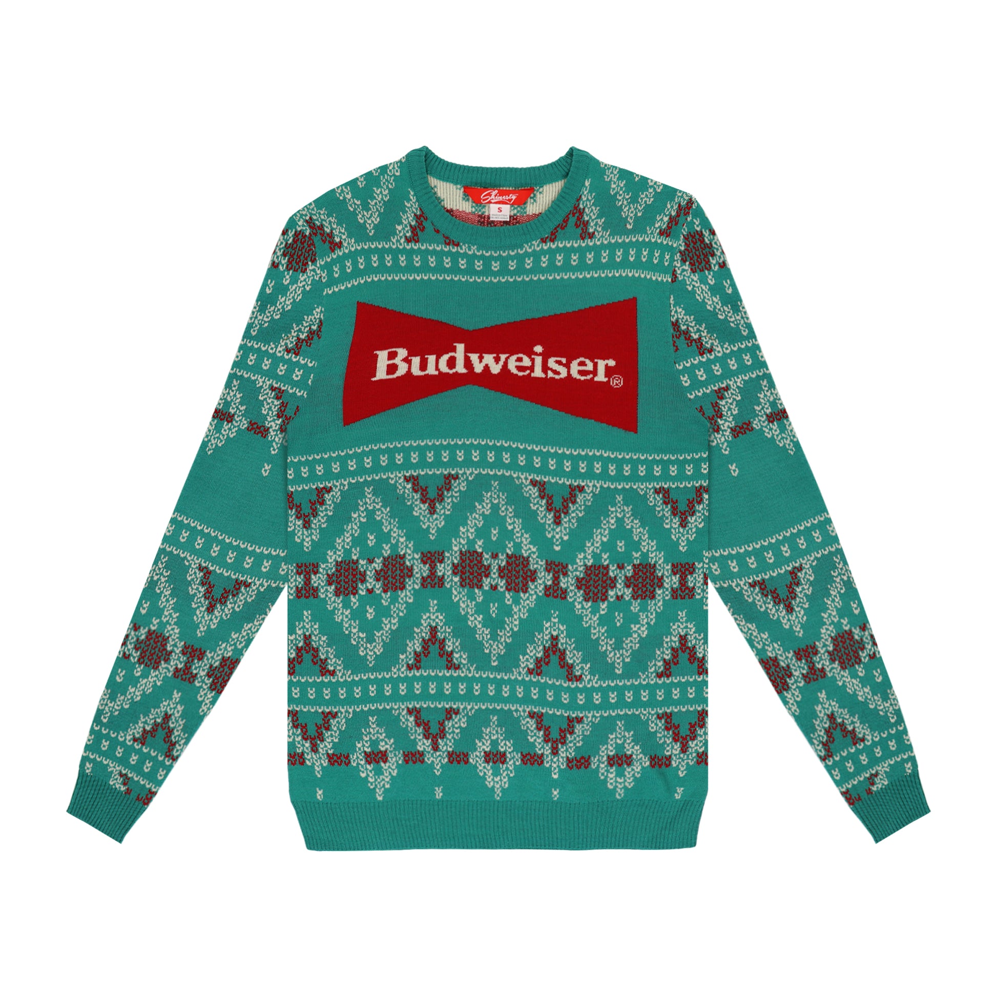 front of budweiser bowtie sweater
