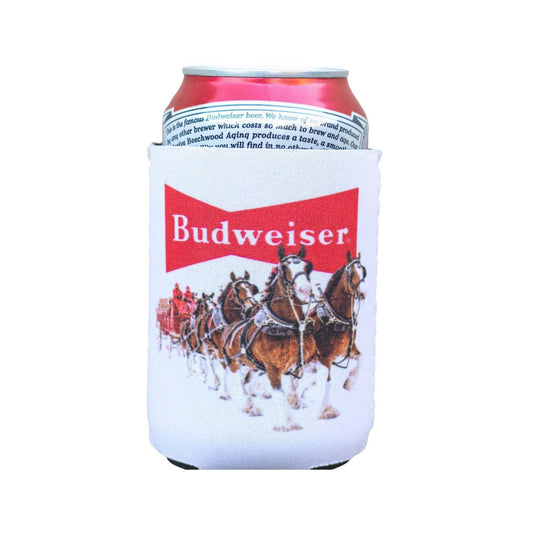 White neoprene can coolie with image of clydesdale hitch running through snow with Budweiser bowtie logo at the top