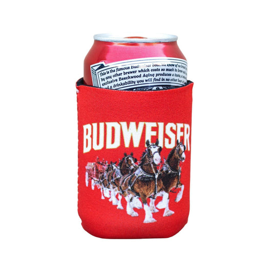 red neoprene can coolie with budweiser hitch running with budweiser logo above