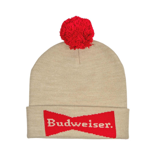 BUDWEISER CREAM BEANIE WITH RED POM