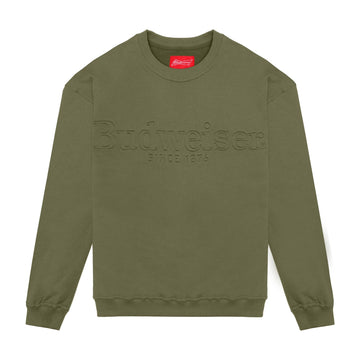 front of crewneck with budweiser debossed acrossed the chest 