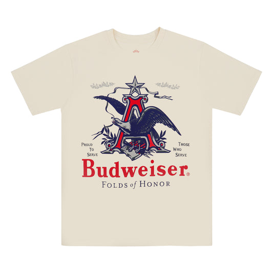 Budweiser Folds of Honor Shirt in cream colorway, featuring prominent A&Eagle