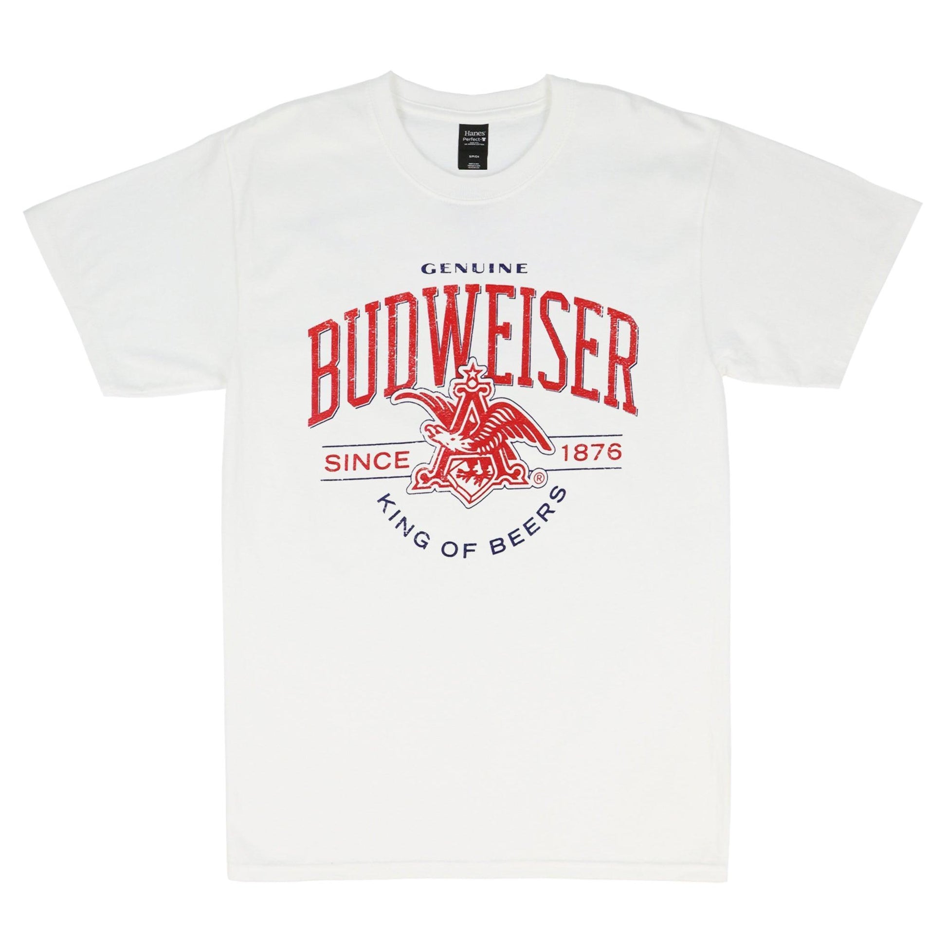 FRONT OF BUDWEISER TEE WITH ANHUSER BUSCH LOGO AND 1876 AND KING OF BEERS UNDER NEATH