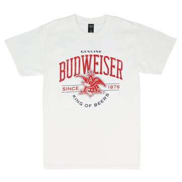 FRONT OF BUDWEISER TEE WITH ANHUSER BUSCH LOGO AND 1876 AND KING OF BEERS UNDER NEATH