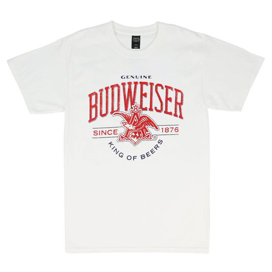 FRONT OF BUDWEISER TEE WITH ANHUSER BUSCH LOGO AND 1876 AND KING OF BEERS UNDER NEATH