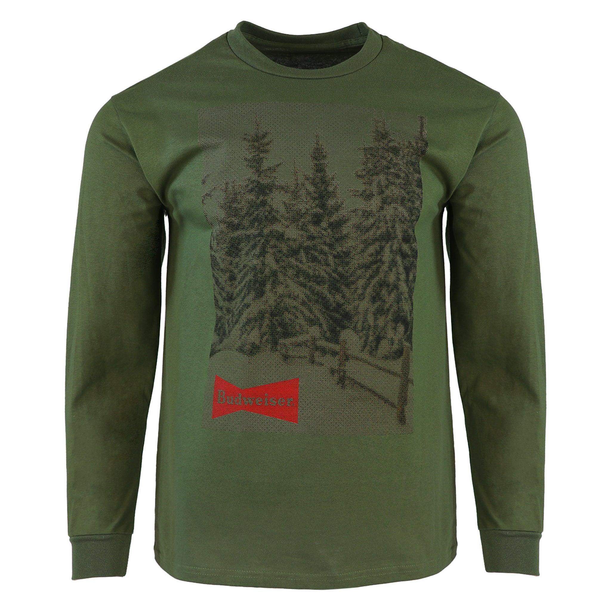Olive green long sleeve Budweiser shirt. Features tonal snowy pine trees with Budweiser bowtie 