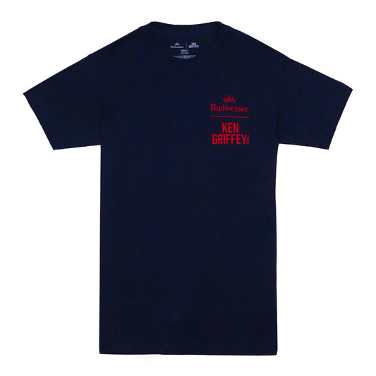 Front of tee with Budweiser with crown on top and Ken Griffey Jr under that in the front left chest of shirt