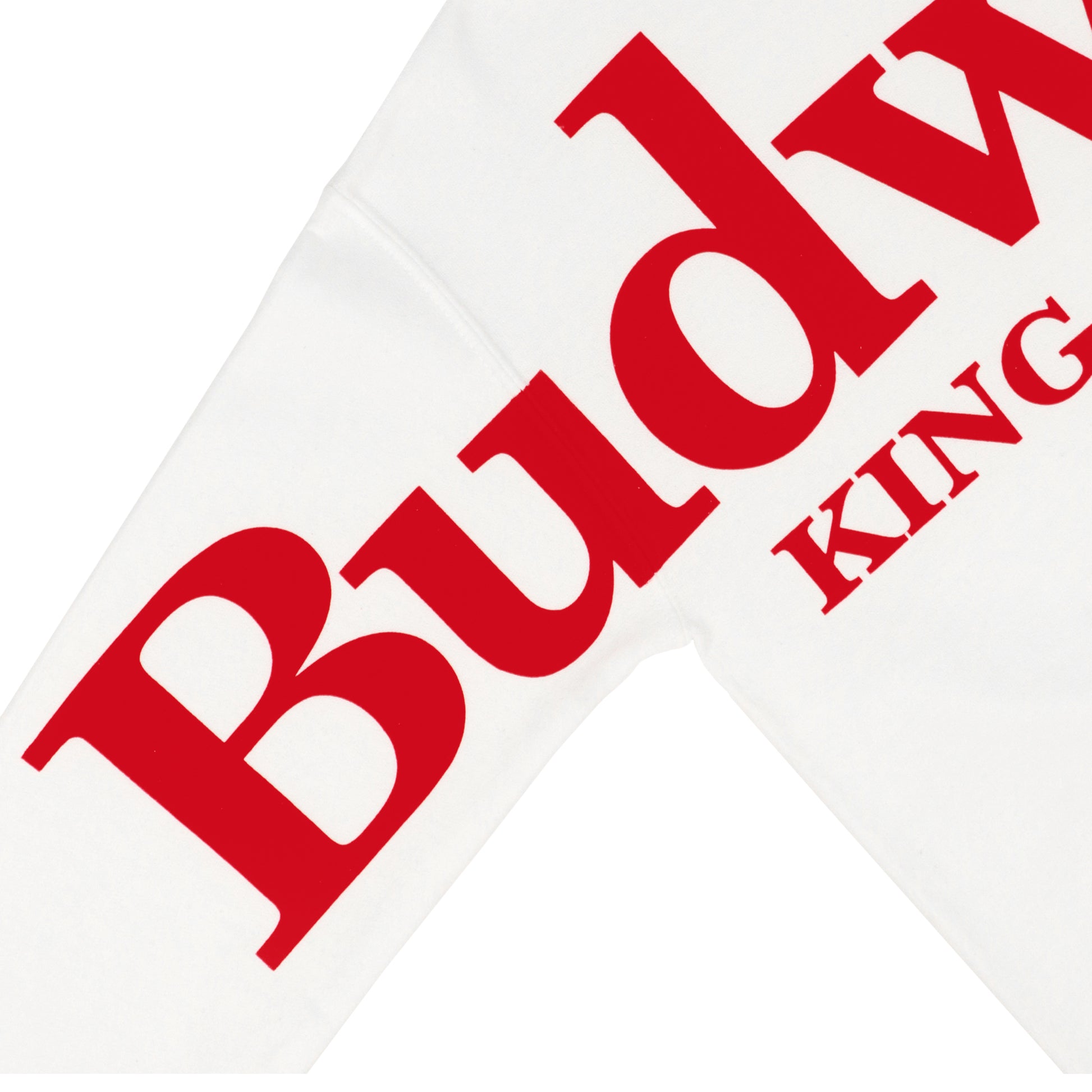 Close up on right sleeve of Budweiser King of Beers Sweatshirt