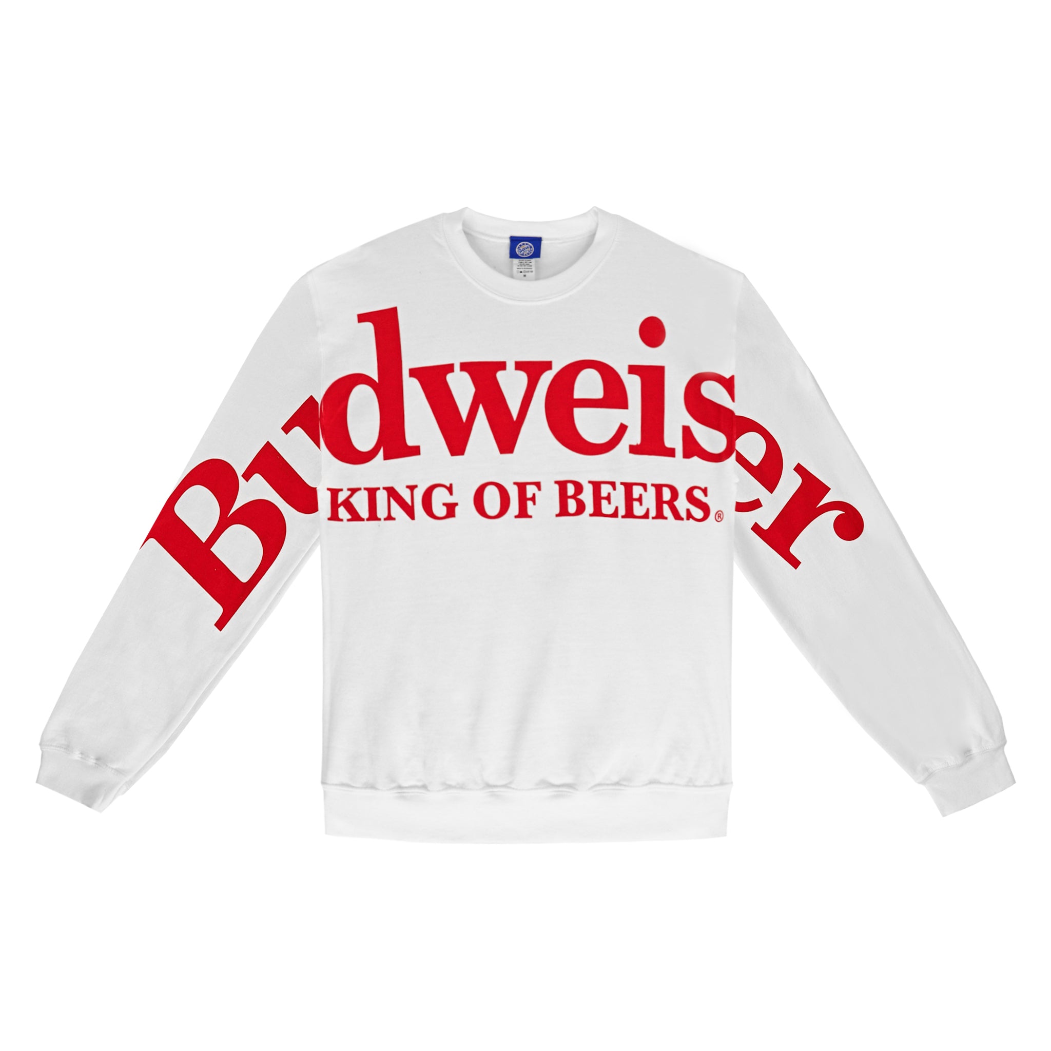 Front view of sweatshirt, "Budweiser King of Beers" spelled out across chest and along sleeves