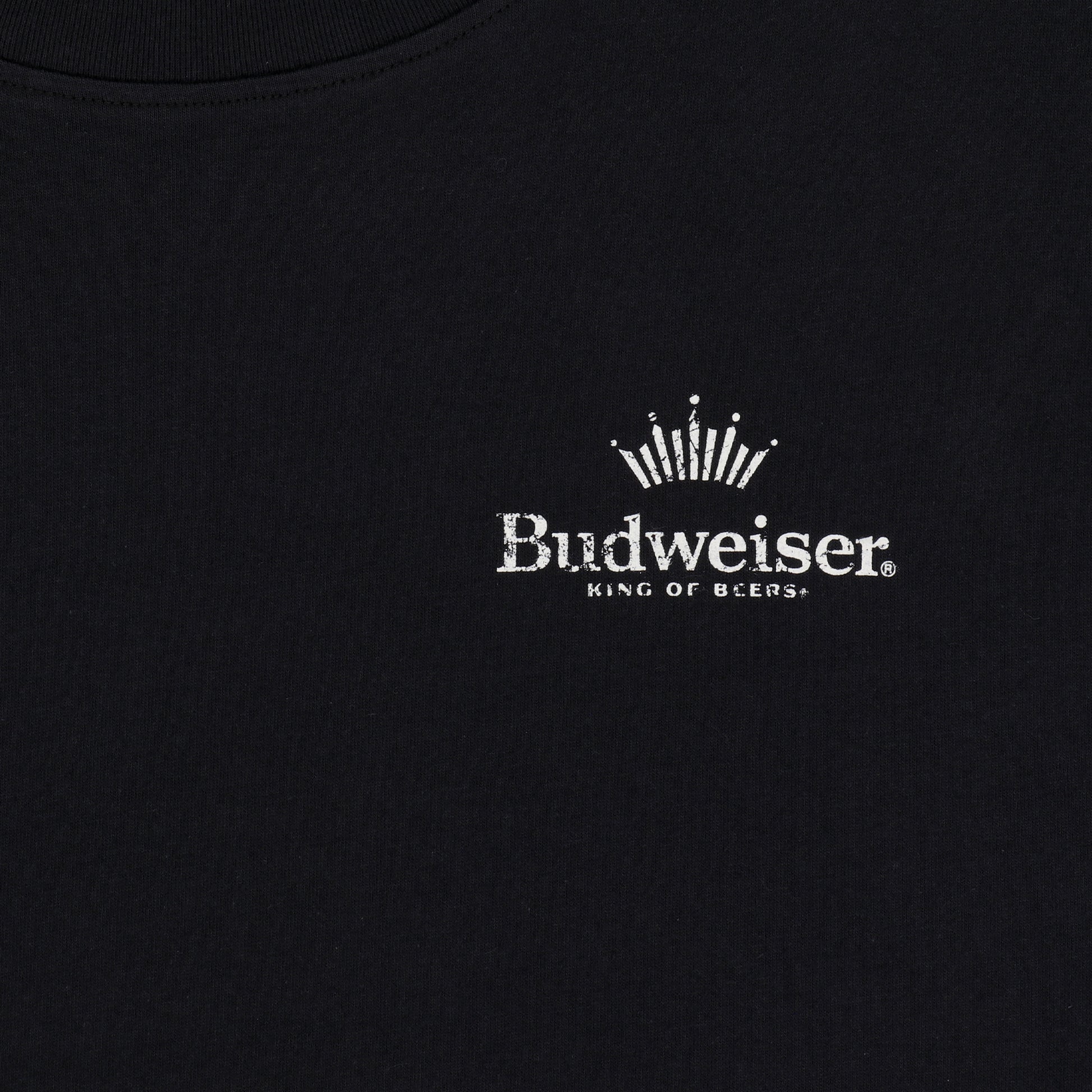  Close Up Front View of Budweiser x PacSun "King of Beers" Black Shirt