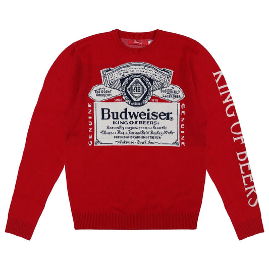 budweiser label sweater with king of beers on the left sleeve vertically