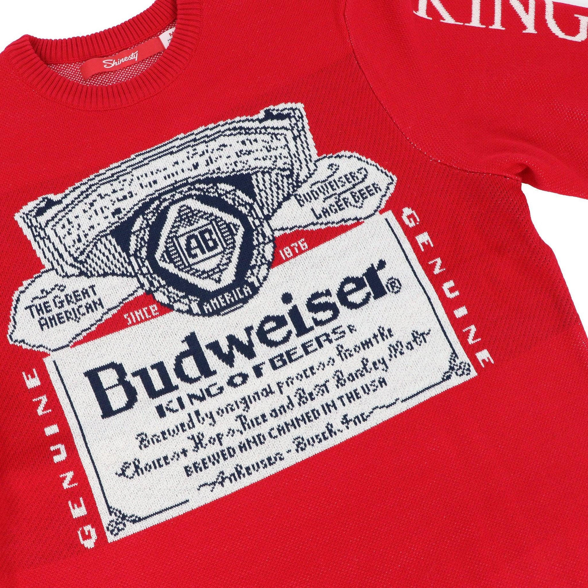 budweiser label sweater with king of beers on the left sleeve vertically