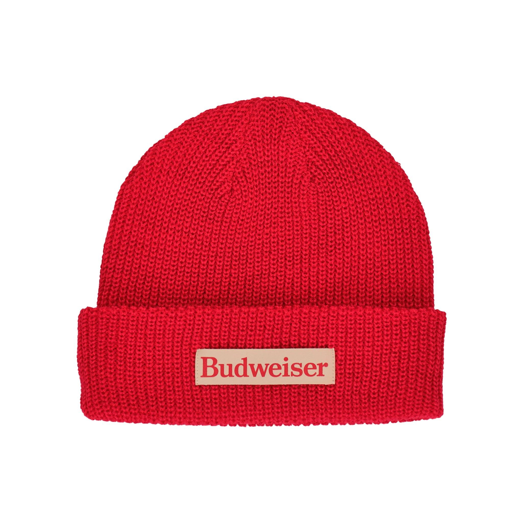 red beanie with budweiser logo on front