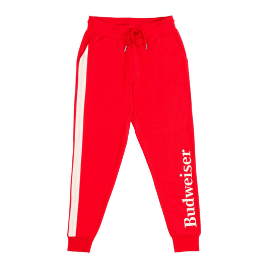  red joggers with red drawstrings and Budweiser going up the left pants leg from bottom cuff