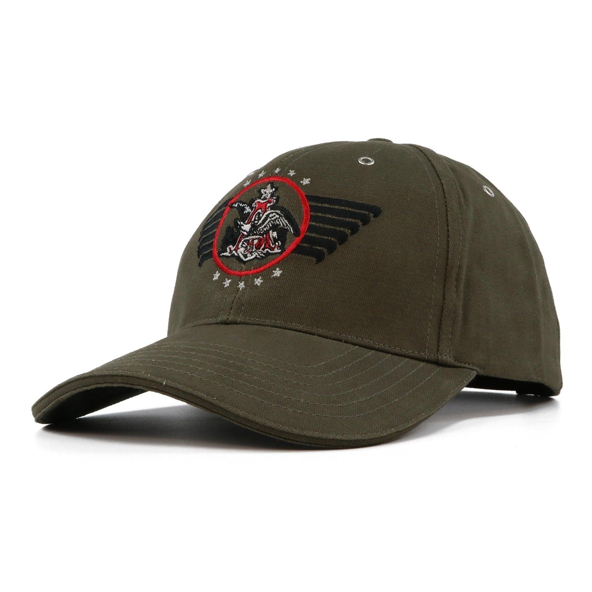 olive budweiser military wings hat with white budweiser logo on the back