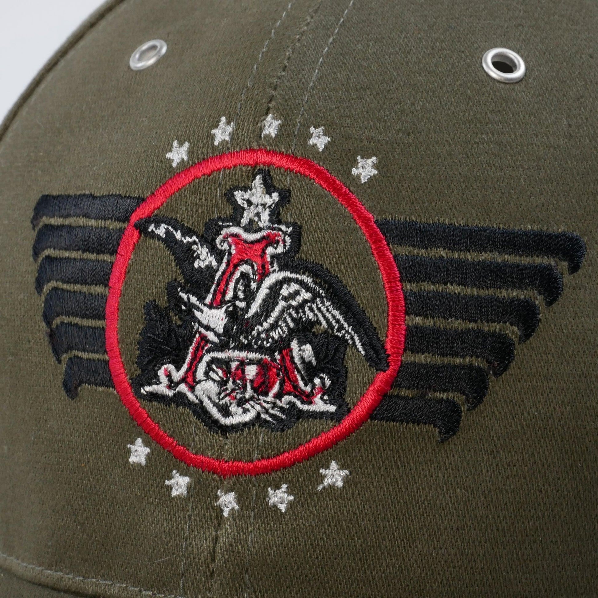 olive budweiser military wings hat with white budweiser logo on the back