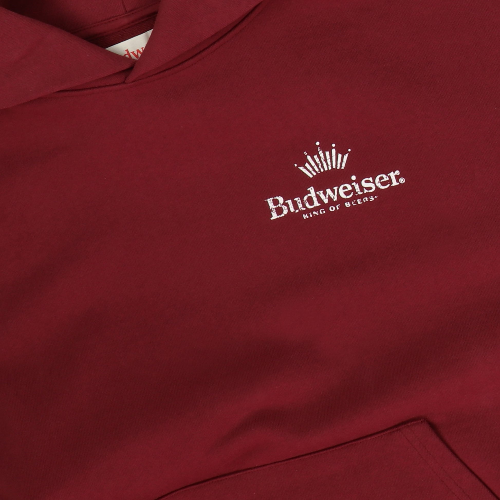 Close up of front logo of Budweiser x PacSun "King of Beers" Hoodie