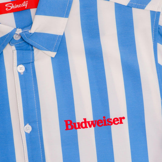 close up of Budweiser logo on front left chest in red