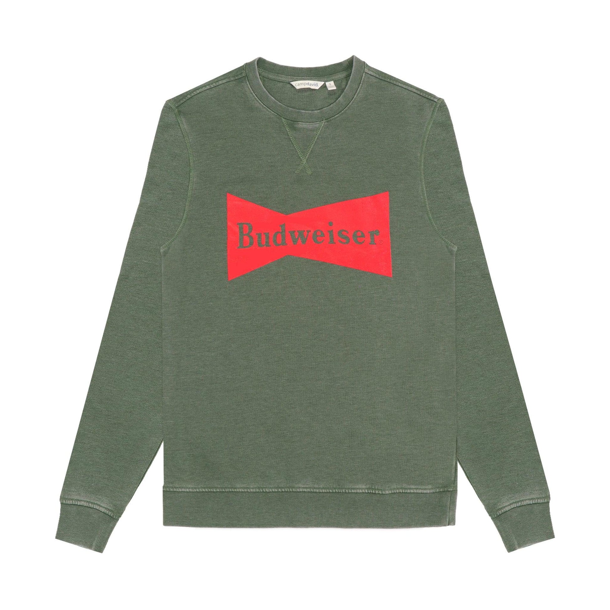 green crewneck sweatshirt which features the budweiser bowtie on front full chest of sweatshirt