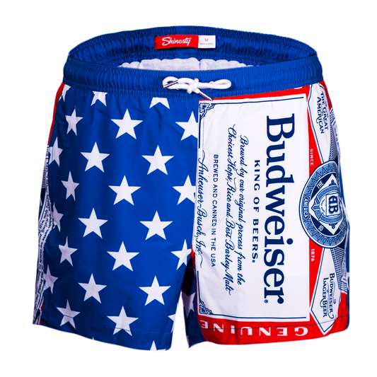 Budweiser Label on left short and white stars on right shorts 