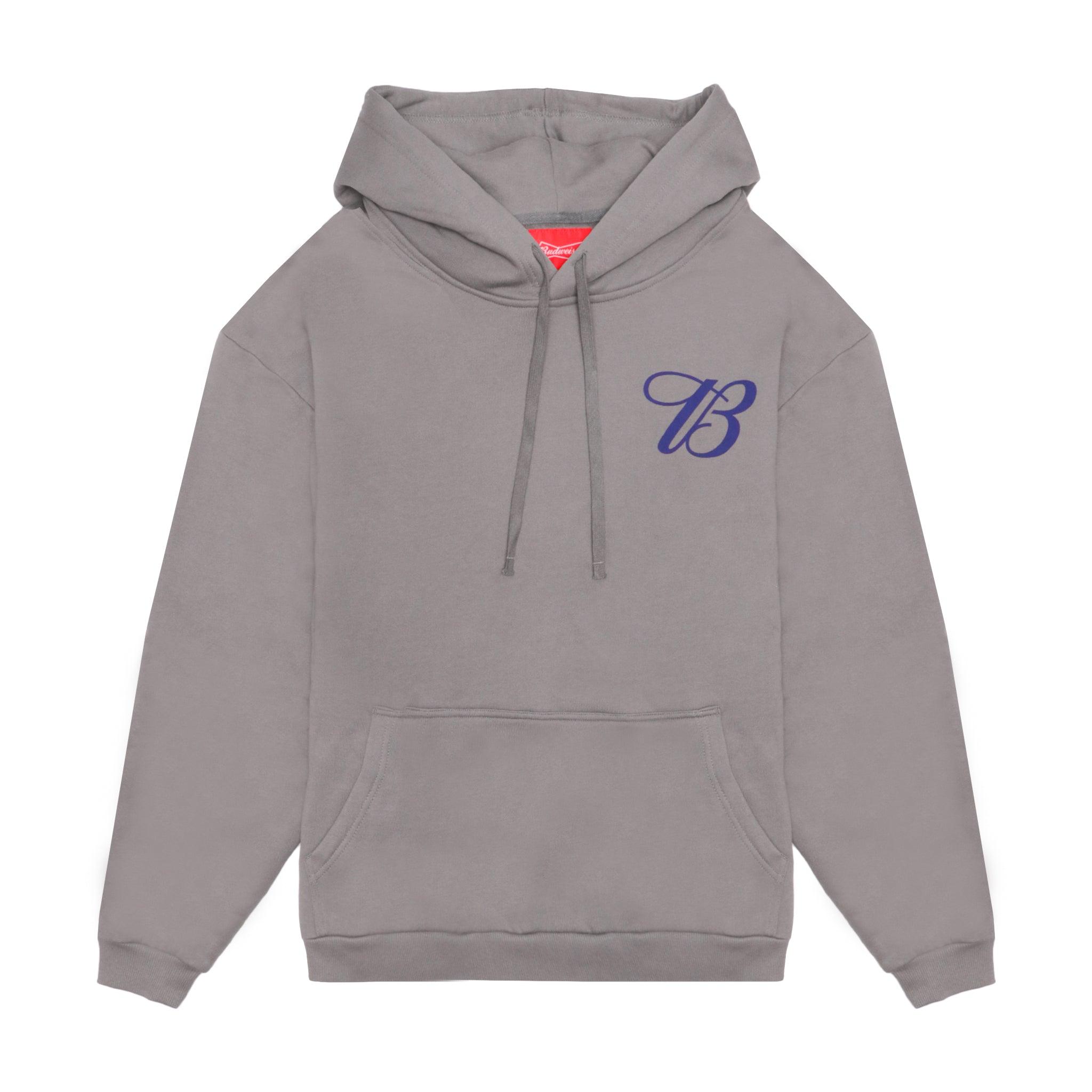 Front of gray hoodie with the B script logo on right chest 