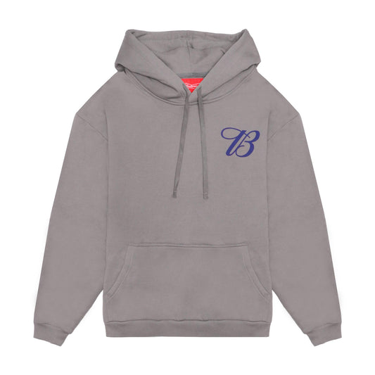Front of gray hoodie with the B script logo on right chest 