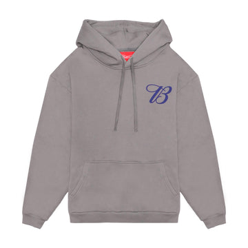 Front of gray hoodie with the B script logo on right chest 