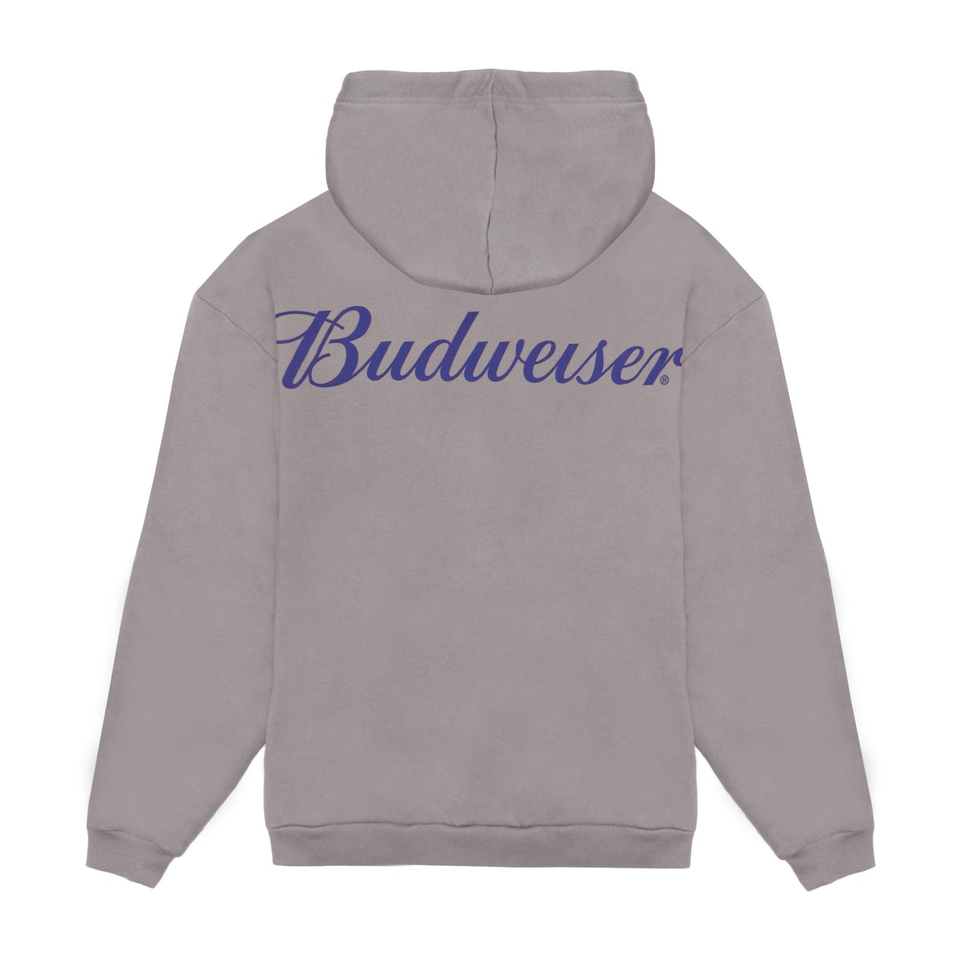 back of gray hoodie with budweiser across the top back  