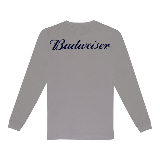 Back view of gray Budweiser script t-shirt - "Budweiser" across top back