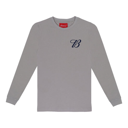 Front view of gray long sleeve Budweiser Script t-shirt - "B" on left chest