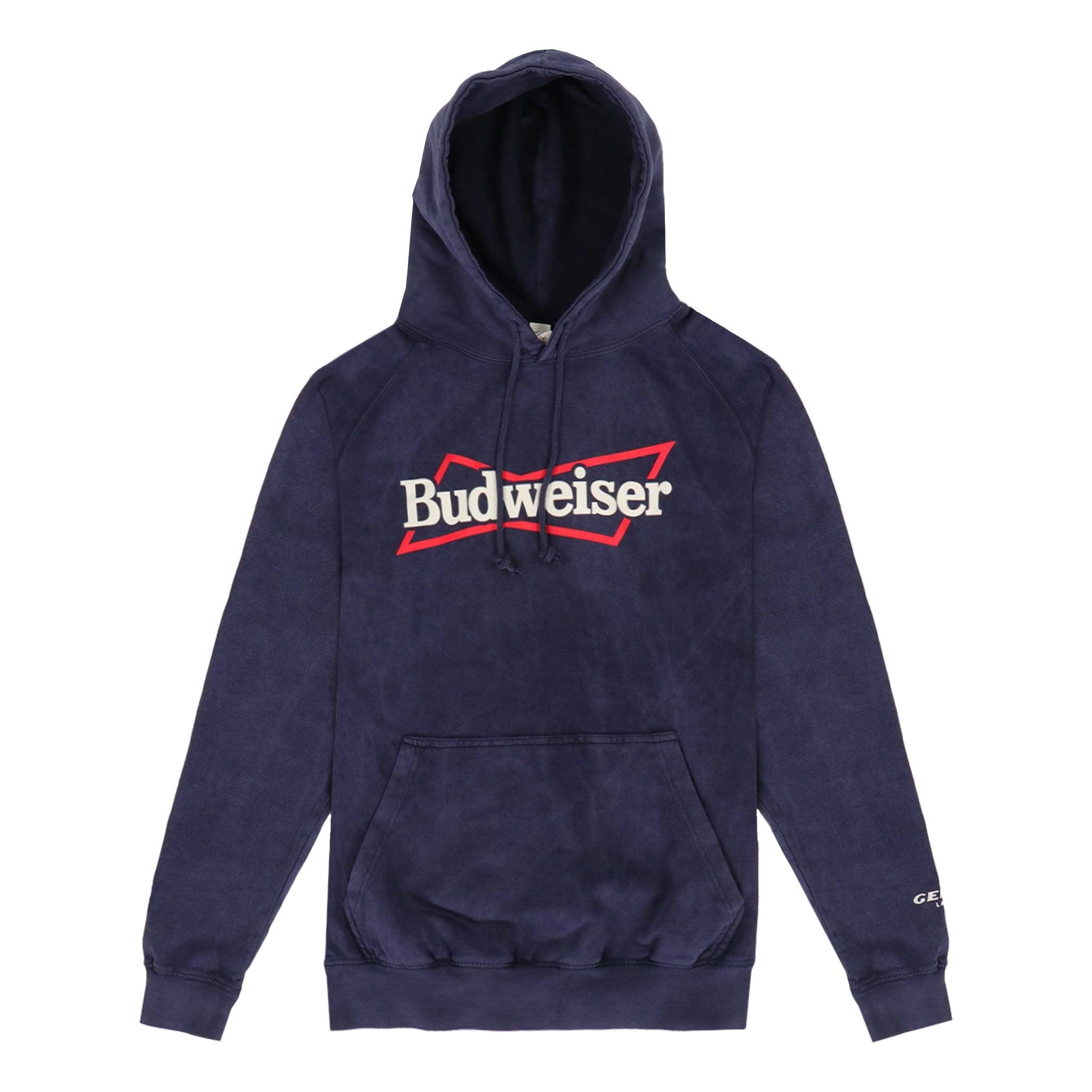 Front of hoodie with Budweiser through the open bowtie 