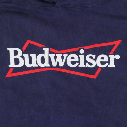 close up of Budweiser bowtie logo on front chest of hoodie
