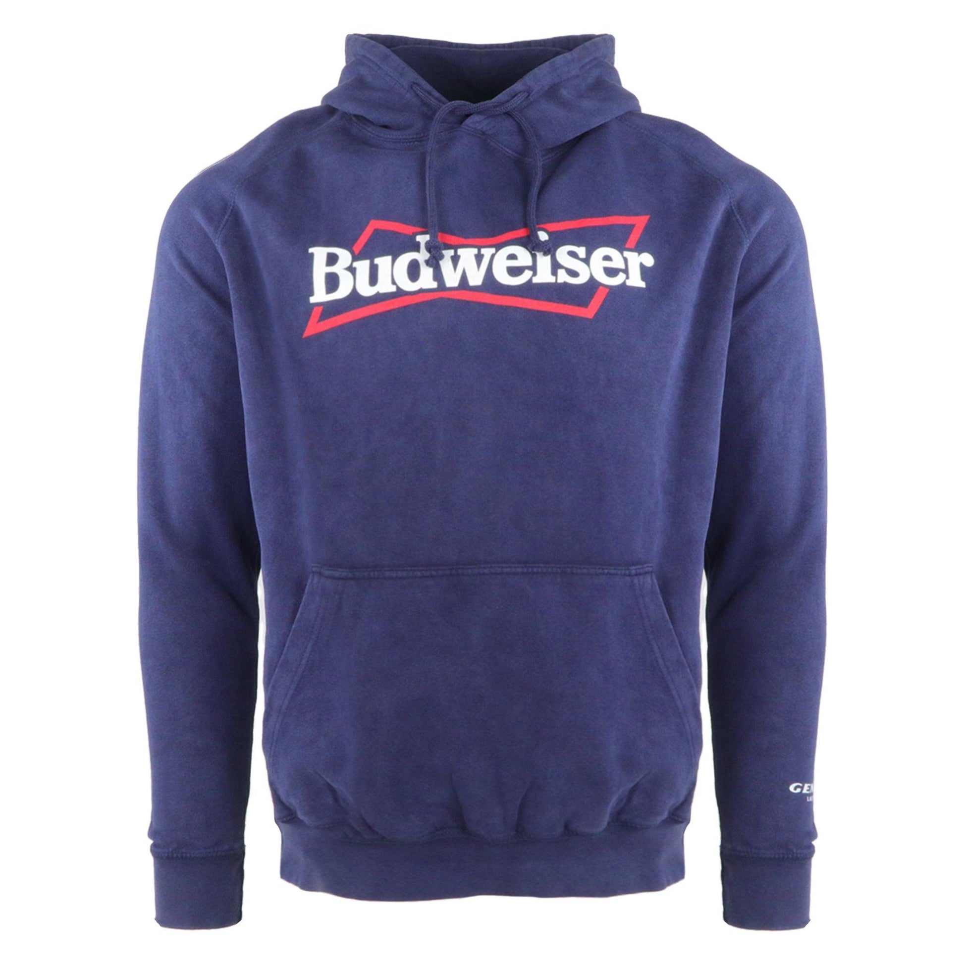 Navy blue hoodie with Budweiser spelled out inside of outline of bowtie. Drawstrings from hood and front pocket