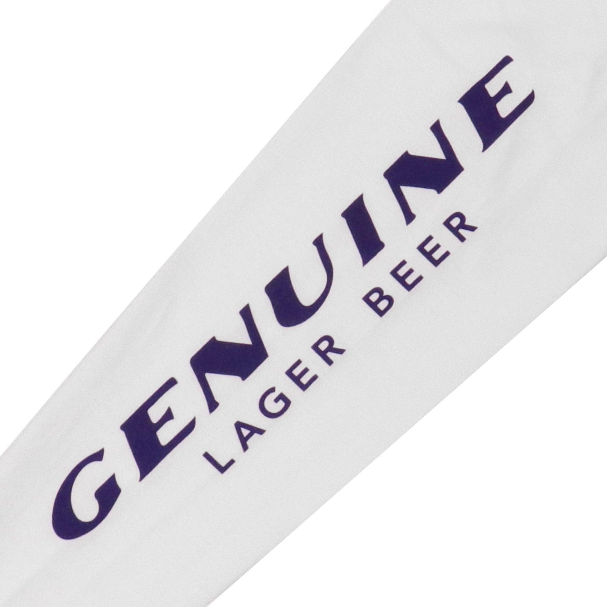 close up of sleeve decorations that read Genuine Lager Beer