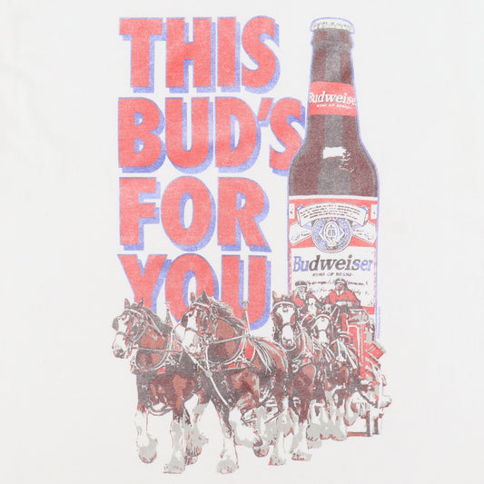 Close Up of graphic on "This Bud's For You" T-Shirt. Featuring the famous Clydesdales and a Budweiser Bottle