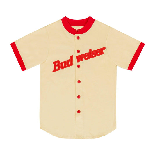 Flat front view of Budweiser Vintage Baseball Jersey
