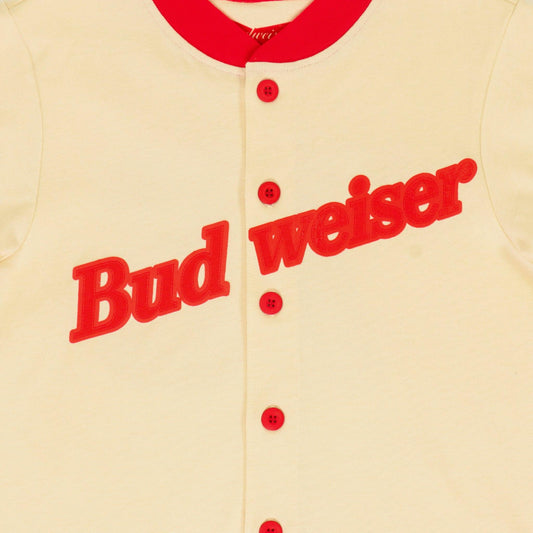 Close up-front view of Budweiser Vintage Baseball Jersey