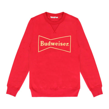 Red Budweiser crewneck sweatshirt with budweiser bowtie on front full chest of sweatshirt