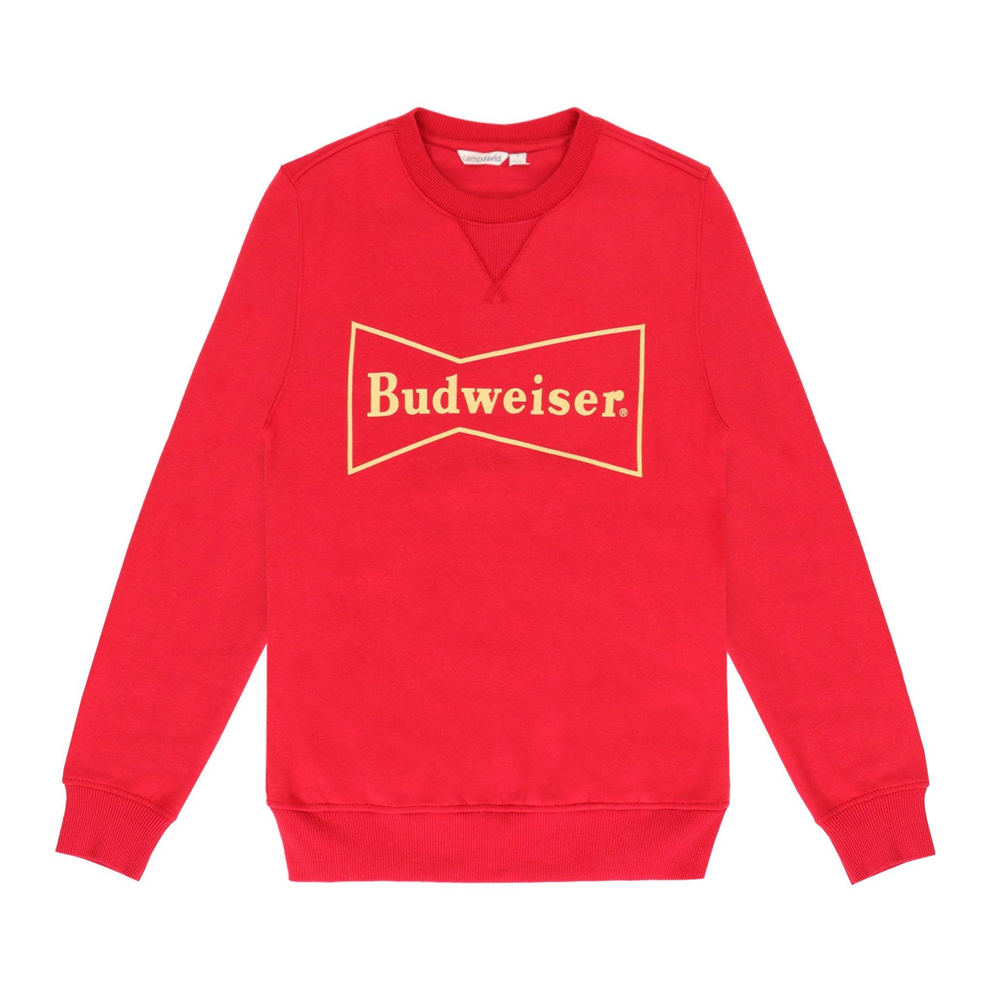 Red Budweiser crewneck sweatshirt with budweiser bowtie on front full chest of sweatshirt
