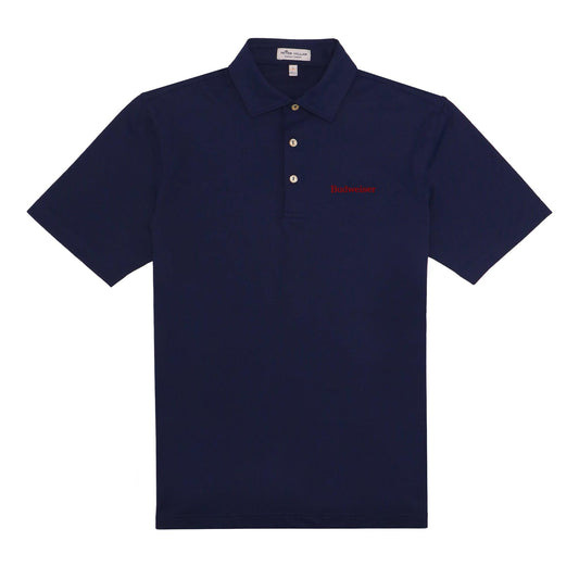 Front of Budweiser Wordmark Peter Millar Navy Polo Shirt