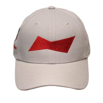 Sand colored hat with embroidered red bowtie on front panel of hat