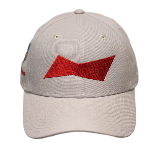 Sand colored hat with embroidered red bowtie on front panel of hat