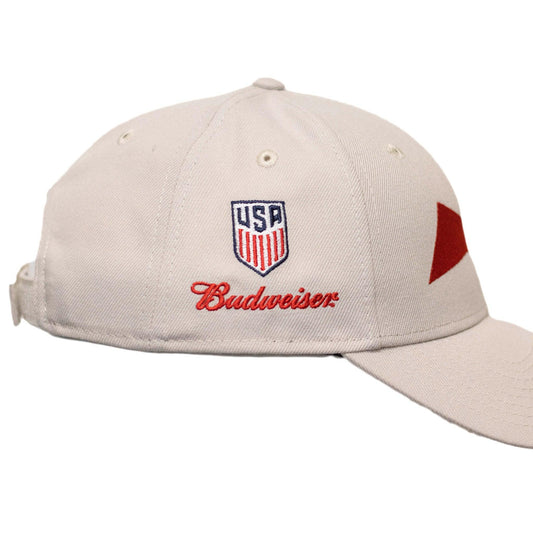right side of hat with embroidered USA crest and Budweiser script logo below