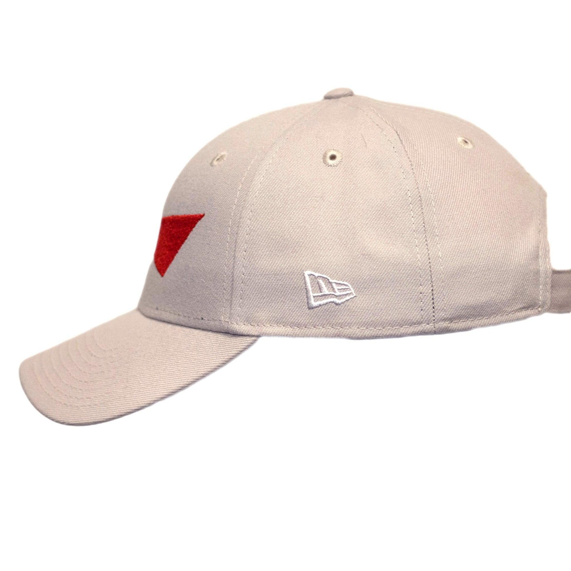 Left side view of embroidered New era logo in white