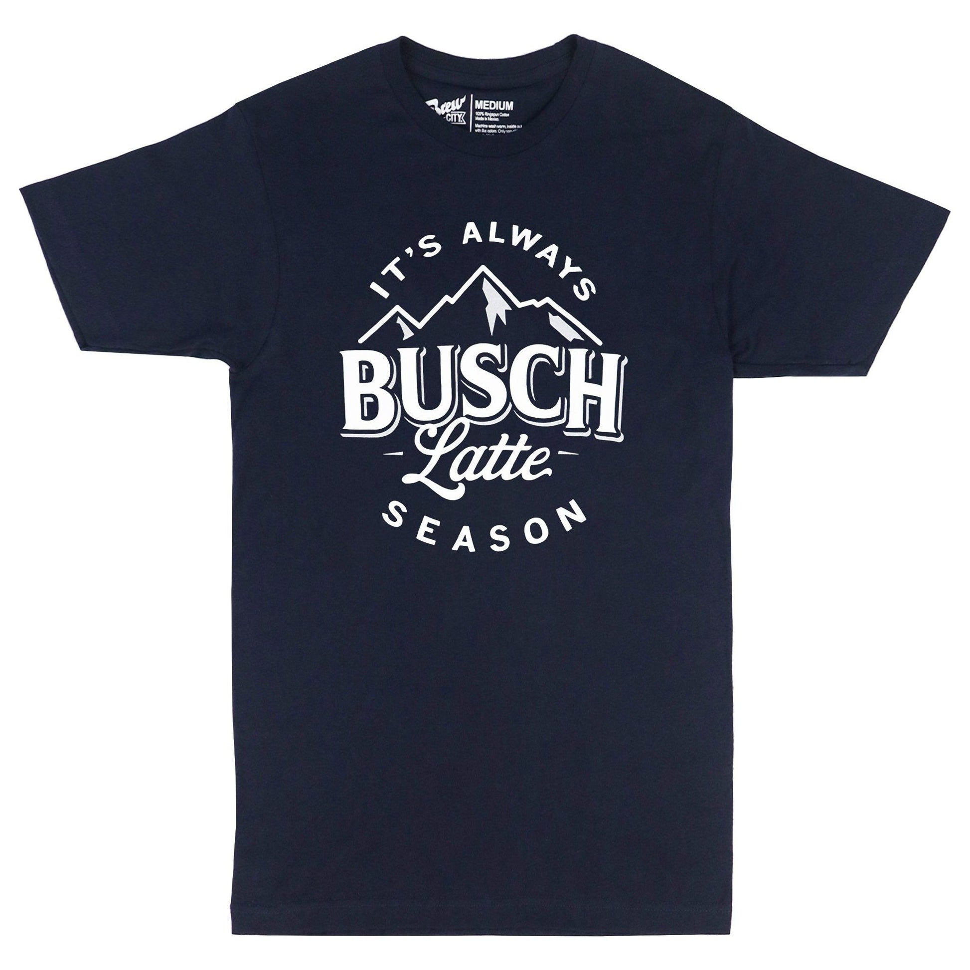 navy busch latte t shirt that says "it's always busch latte season"